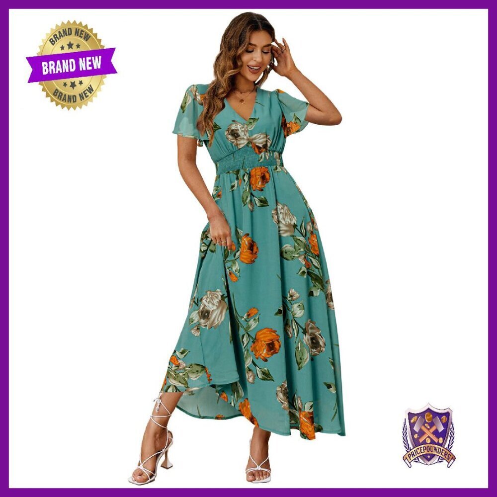 Polyester Maxi Dress V-Neck Short Sleeve Flowy Casual Wedding Guest
